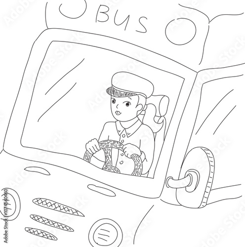 girl driver sits behind the wheel of a bus and holds the steering wheel drawn with black pen on white background