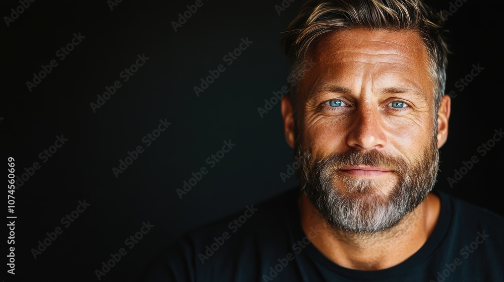A man with styled short hair and a rugged beard smiles slightly, standing in front of a dark background, exuding confidence and approachability in casual attire. A man with styled short hair and a rugged beard smiles slightly, standing in front of a dark background, exuding confidence and approachability in casual attire.