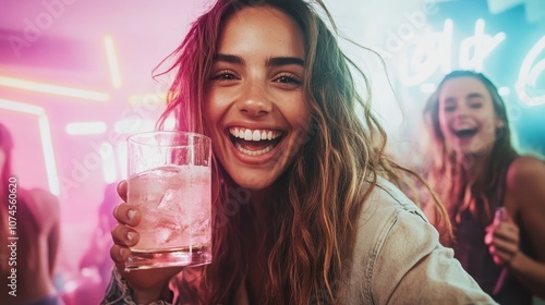 A young woman, surrounded by friends, joyfully holds a drink in a lively club environment, capturing the essence of youthful energy and social celebration. photo