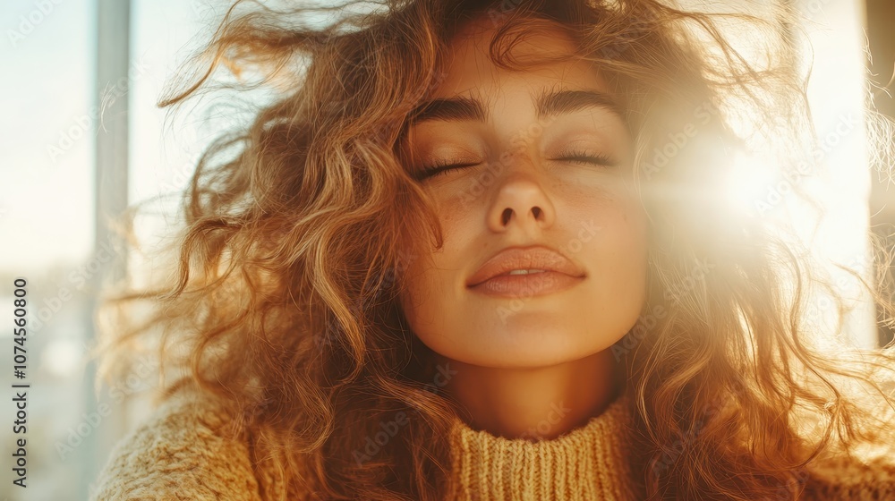 A woman basks in the warm sunlight with her eyes closed, her curly hair forming a halo around her face. This peaceful scene conveys tranquility and contentment. A woman basks in the warm sunlight with her eyes closed, her curly hair forming a halo around her face. This peaceful scene conveys tranquility and contentment.