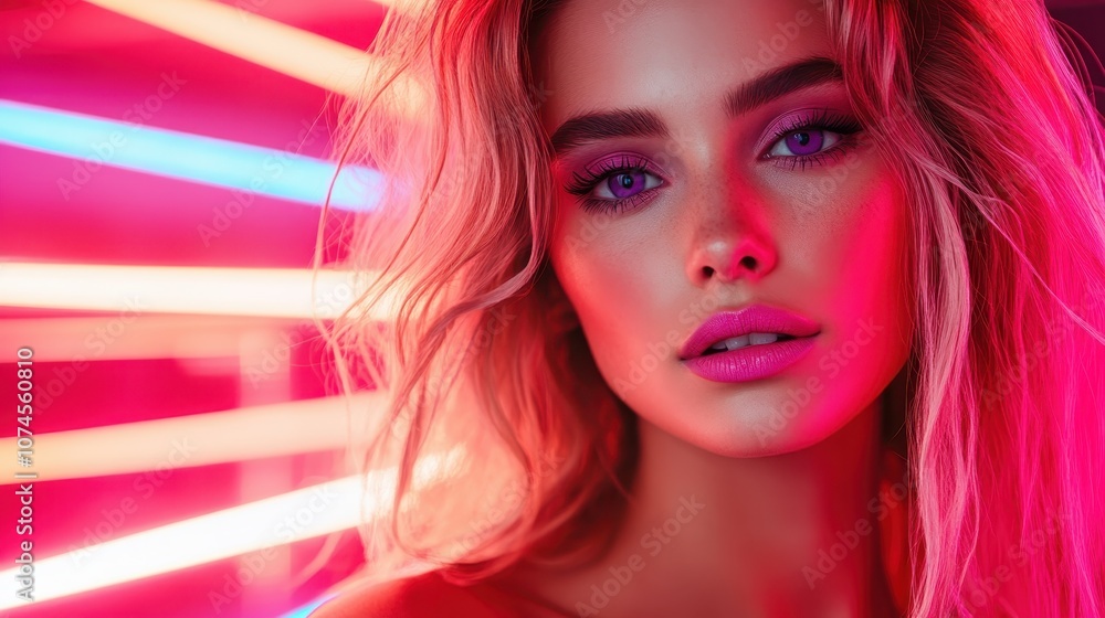 A close-up portrait of a woman with striking makeup and illuminated by vibrant neon lights showcases her mesmerizing facial features and expressive look, a modern photography piece. A close-up portrait of a woman with striking makeup and illuminated by vibrant neon lights showcases her mesmerizing facial features and expressive look, a modern photography piece.