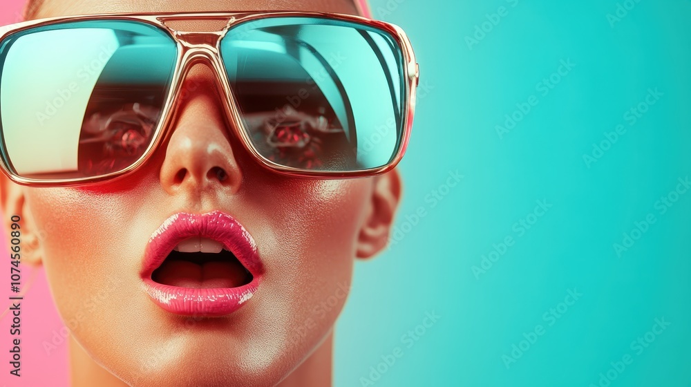 A stylish woman wearing bold lipstick and large sunglasses poses against a colorful backdrop, exuding confidence and fashion-forward style in a modern setting. A stylish woman wearing bold lipstick and large sunglasses poses against a colorful backdrop, exuding confidence and fashion-forward style in a modern setting.
