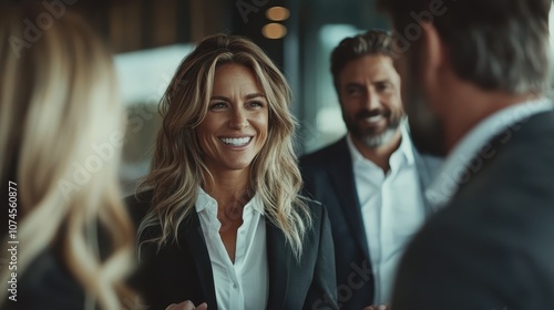 A group of smiling business professionals engage in a lively meeting, showcasing positive interactions and networking within a modern office environment.