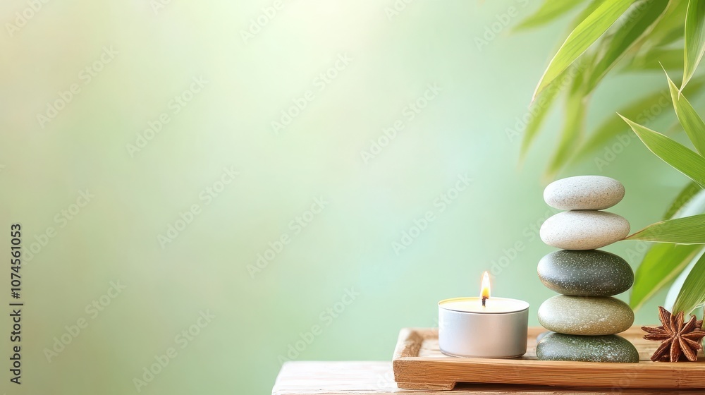 A serene arrangement of stacked stones beside a lit candle and green bamboo, promoting tranquility and relaxation. A serene arrangement of stacked stones beside a lit candle and green bamboo, promoting tranquility and relaxation.