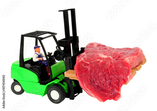 Toy forklift truck carrying a real fresh raw rib eye steak isolated on a white background