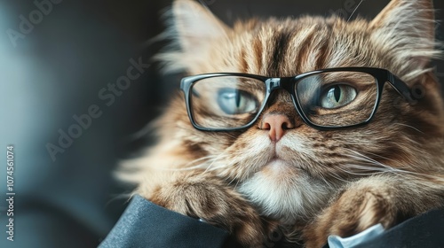 A thoughtful cat wearing oversized glasses rests its paws on a desk, creating an aura of wisdom and contemplation in this charming and whimsical image. photo