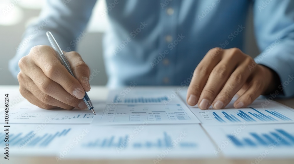 Businessman analyzing printed charts with cost-saving metrics, financial strategy, photorealistic clarity Businessman analyzing printed charts with cost-saving metrics, financial strategy, photorealistic clarity