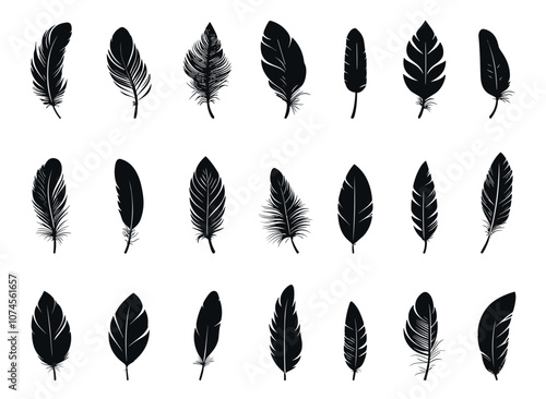 Feather black silhouettes icons set. Absract elegant decorative quill fluffy bird feather design element emblem sign. Soft bird plumag. Black and white simple flat style. Isolated vector on white