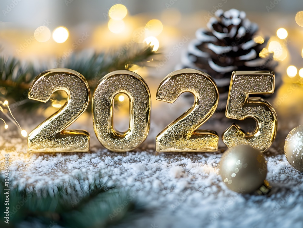 Festive New Year 2025 Celebration with Golden Christmas Decorations, Shimmering Baubles, and Evergreen Branches on Textured Blue Background for Holiday Cheer Festive New Year 2025 Celebration with Golden Christmas Decorations, Shimmering Baubles, and Evergreen Branches on Textured Blue Background for Holiday Cheer