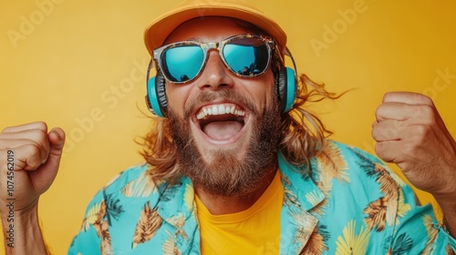 A bearded man, beaming with joy, is dressed in a patterned shirt and cap, standing against a vivid yellow backdrop, exuding positivity and happiness. photo