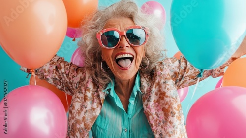 An elderly woman, emanating joy and energy, stands exuberantly surrounded by colorful balloons, set against a light turquoise background, suggesting celebration. photo