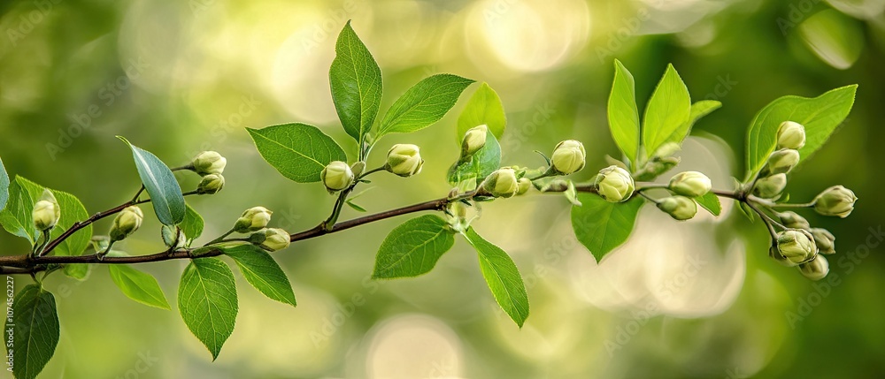 Obraz premium Serene nature: budding green leaves and branch in soft sunlight