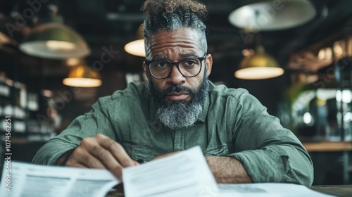 A mature man with a focused expression reads through important documents at a modern desk, portraying the concentration and diligence required in professional tasks.