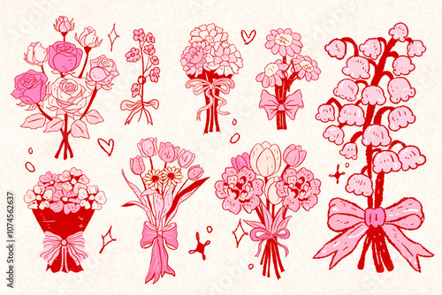 Hand drawn line ink Vintage valentine flower, coquette clipart, cute, y2k, coquette aesthetic, bows clipart, crafts Bows Coquette,, Pink Ribbon Clipart Gift bow clipart Fashion gift, nostalgia