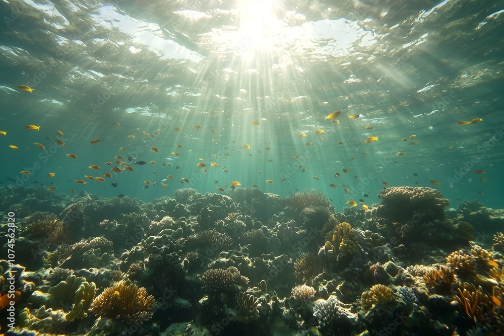 Obraz premium Vibrant coral reef with clown fish and lots of other colorful fish in tropical waters of Red Sea and light rays shining through from above of the water surface