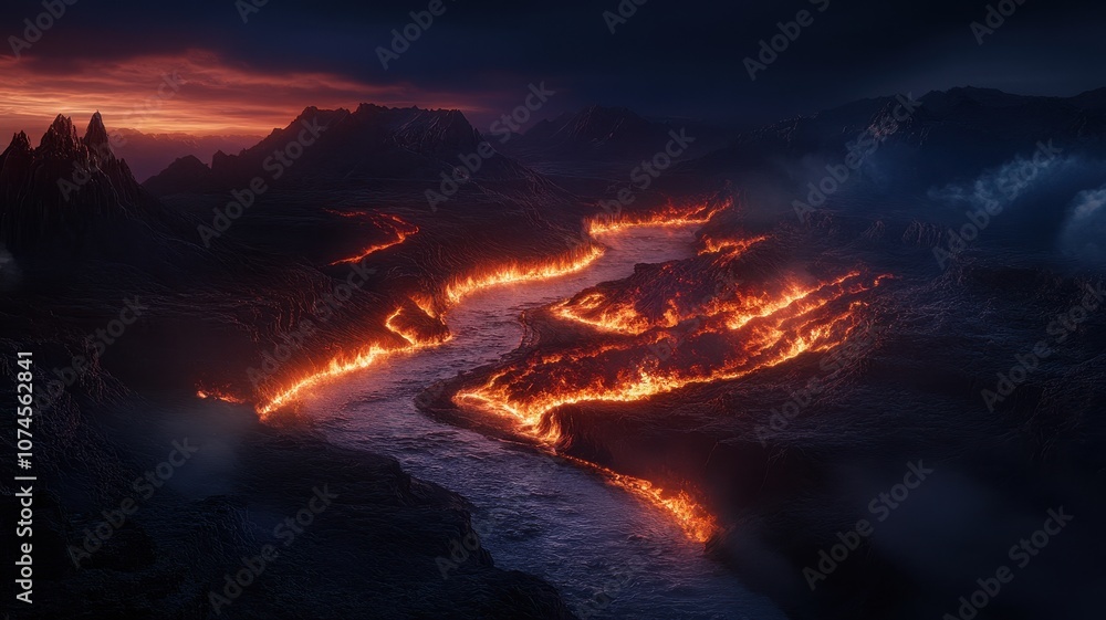 Unforgettable canyon with a winding river illuminated by the golden glow of the setting sun. Unforgettable canyon with a winding river illuminated by the golden glow of the setting sun.