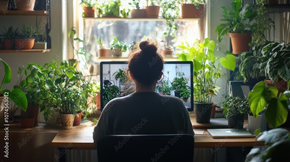 Remote plant expert on laptop screen, advising about plant care, organized desk, Remote plant expert on laptop screen, advising about plant care, organized desk,
