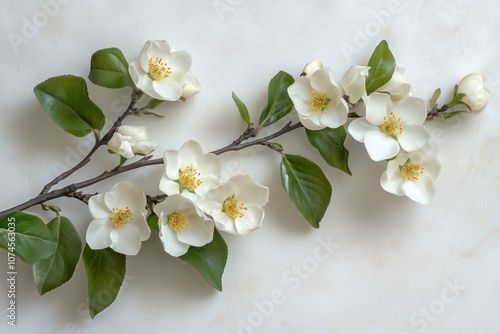 White jasmine flowers branch with green leaves, delicate petals, soft background