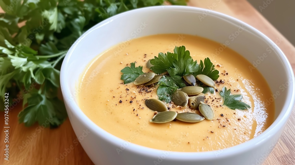 Creamy pumpkin soup topped with fresh herbs and seeds on a wooden surface in a cozy kitchen setting Creamy pumpkin soup topped with fresh herbs and seeds on a wooden surface in a cozy kitchen setting