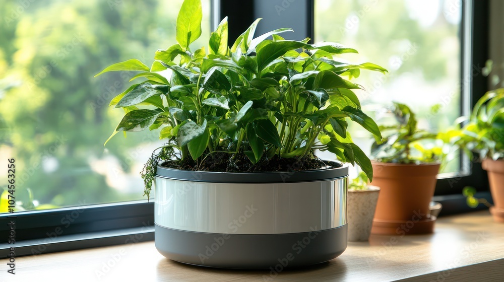 Self-watering system for indoor plants, setup for frequent travelers, modern home, Self-watering system for indoor plants, setup for frequent travelers, modern home,