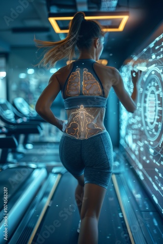 Young woman on a treadmill, cardio exercise for weight loss on a machine in the gym, view from the back