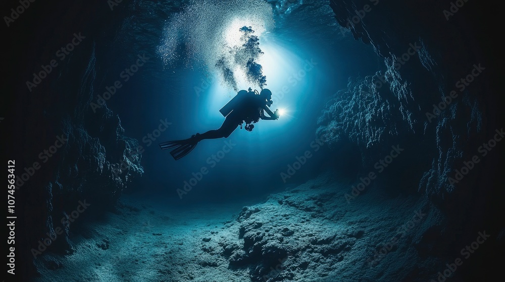 A scuba diver explores a dark underwater cave, illuminated by a beam of light. A scuba diver explores a dark underwater cave, illuminated by a beam of light.