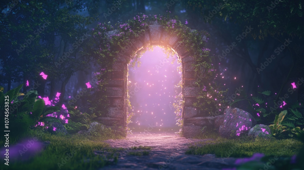 Old gate ruins in mystical mist, radiant fairytale light, whimsical style. Old gate ruins in mystical mist, radiant fairytale light, whimsical style.