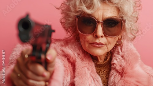 An elegant older woman with curled hair and sunglasses points a gun, her pink fur coat adding a sense of unexpected style and drama. photo