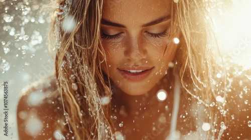 A serene and blissful woman is captured in close-up with eyes closed as water splashes around her, reflecting tranquility and contentment in a sunny ambiance.