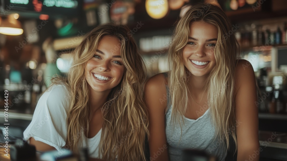 Two women with radiant smiles are enjoying their time at a cafe, reflecting the joy and warmth of companionship. Their happiness lights up the cozy setting. Two women with radiant smiles are enjoying their time at a cafe, reflecting the joy and warmth of companionship. Their happiness lights up the cozy setting.