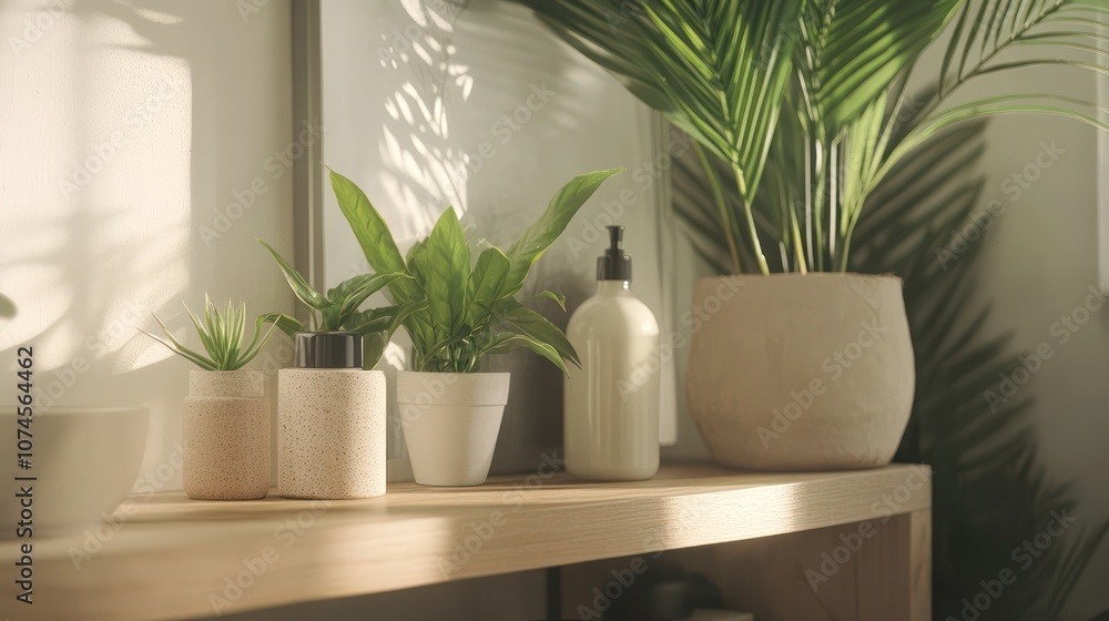 Small-space plant care items arranged on a shelf, cozy modern apartment, Small-space plant care items arranged on a shelf, cozy modern apartment,