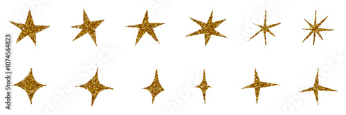 Star set, gold glitter grunge star icon collection