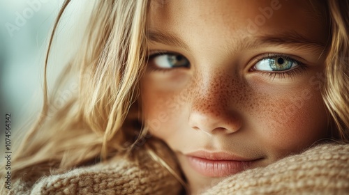 A young girl with blond hair and freckles has a gentle smile, portraying innocence and warmth, showcasing the beauty of youthful simplicity. photo