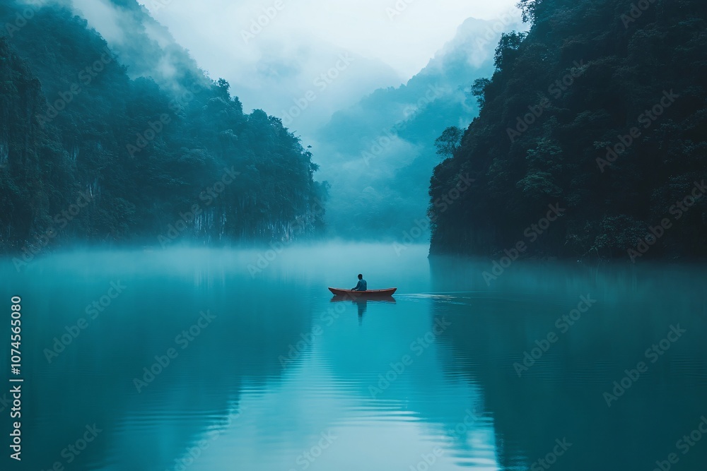 Fototapeta premium Serene Mist-Covered Lake with Rowing Boat - Stunning Landscape Photography