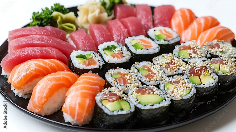 Delicious Sushi Rolls and Nigiri with Salmon Tuna and Avocado Delicious Sushi Rolls and Nigiri with Salmon Tuna and Avocado
