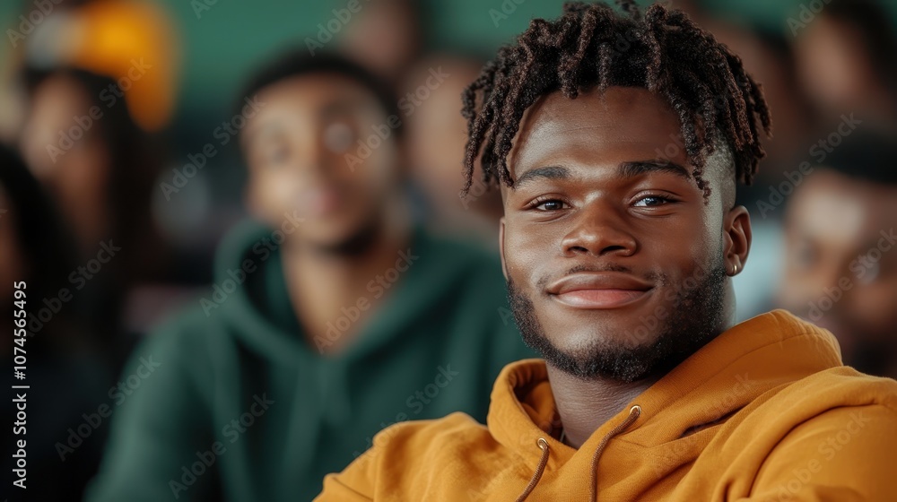 A cheerful student sits in a classroom, smiling towards the camera, with classmates in the blurred background, creating an environment of learning and positivity. A cheerful student sits in a classroom, smiling towards the camera, with classmates in the blurred background, creating an environment of learning and positivity.