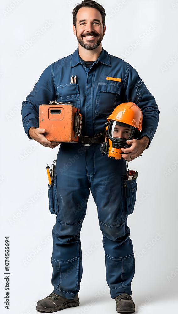 Full-body portrait of a smiling electrician in blue overalls, holding a toolbox and helmet on a white background Full-body portrait of a smiling electrician in blue overalls, holding a toolbox and helmet on a white background