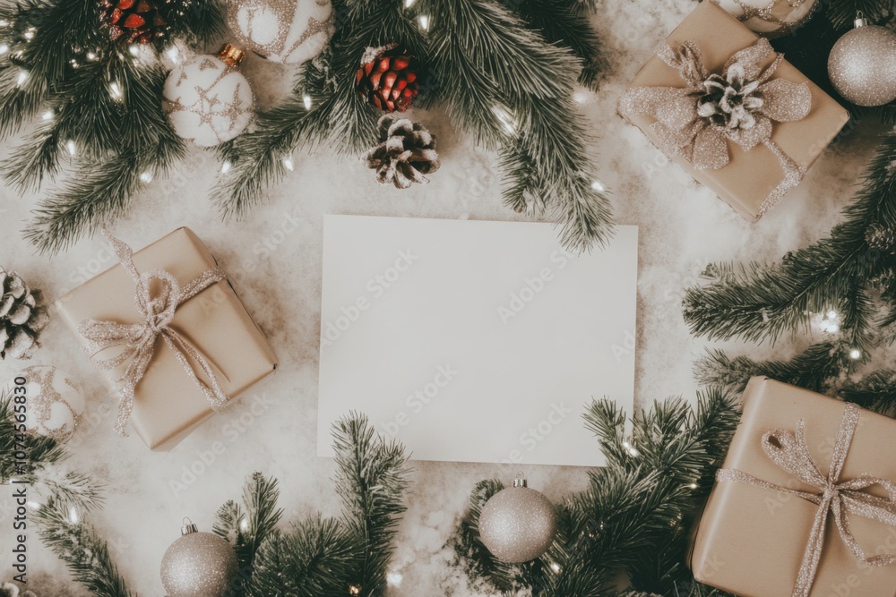 Christmas mockup with a snowy background, pine branches, frosted ornaments, wrapped gifts with glittery bows, and a blank card in the center for text Christmas mockup with a snowy background, pine branches, frosted ornaments, wrapped gifts with glittery bows, and a blank card in the center for text