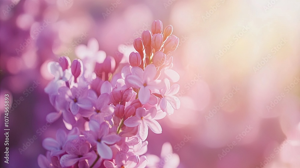Close-up of sunlit lilac blossoms with a soft focus background, spring background with space for text Close-up of sunlit lilac blossoms with a soft focus background, spring background with space for text