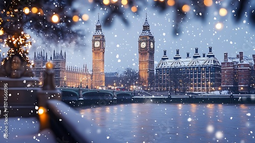 Snowy Evening View of Big Ben and the Houses of Parliament