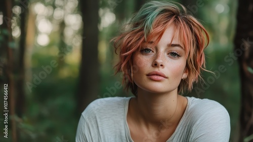 A striking portrait of a young woman with vibrant, multicolored hair, sitting in a green forest, surrounded by lush foliage, exuding confidence and artistic style.