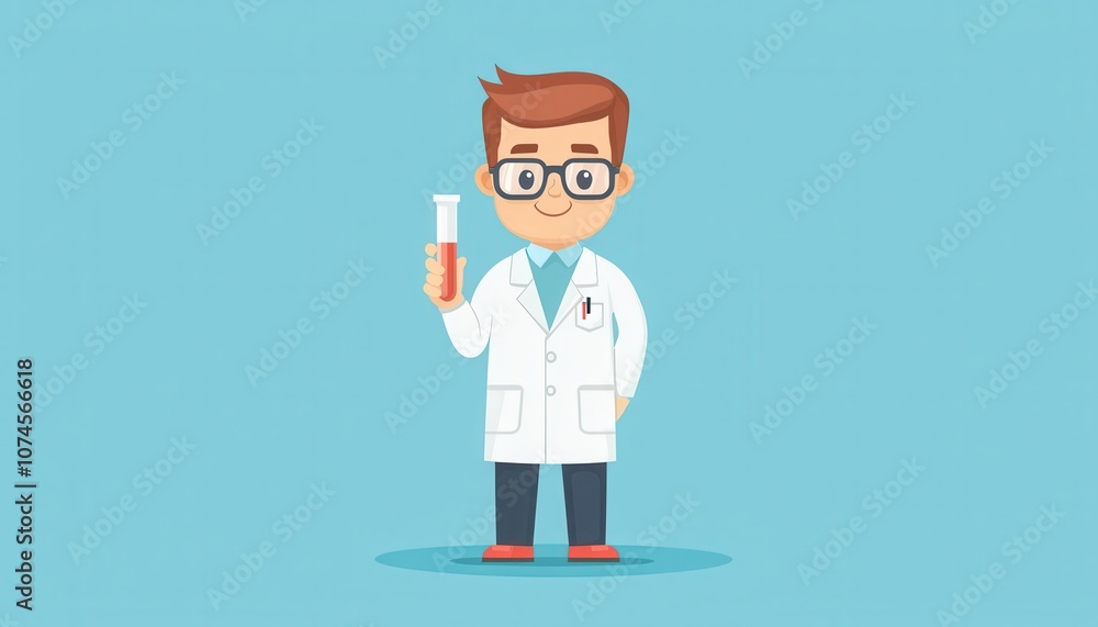 Explore engaging cartoon flat design of a scientist character holding a test tube in a fun text book style Explore engaging cartoon flat design of a scientist character holding a test tube in a fun text book style