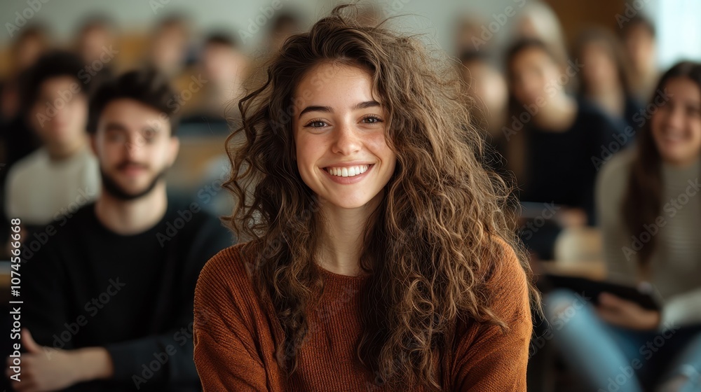 A cheerful young woman with voluminous curly hair beams while sitting front and center in a classroom filled with other attentive students in soft focus. A cheerful young woman with voluminous curly hair beams while sitting front and center in a classroom filled with other attentive students in soft focus.