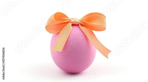 Pink easter easter egg with orange ribbon on white background photo