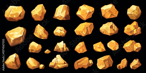 Gold mine nuggets set. Gemstones gold ore stones and boulders. Treasure yellow metal. Dark background. Video game design elements. Cartoon style isolated vector clipart collection