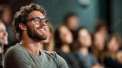 A bearded, bespectacled man wearing a sweater smiles warmly while sitting in an audience, exuding positivity and engagement in a lively atmosphere.