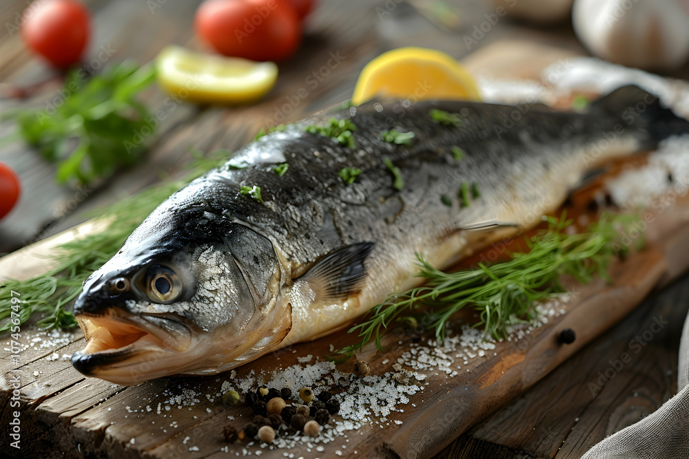 Raw Seabass isolated on a wooden table Raw Seabass isolated on a wooden table