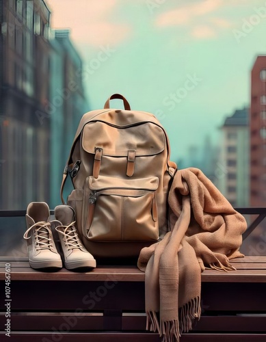 A set of travel essentials placed on a city bench, hinting at an upcoming adventure in an urban setting.