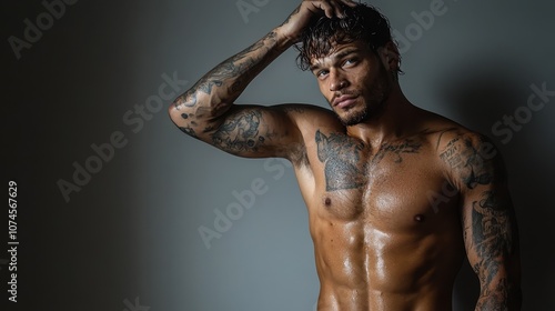 A man with tattoos and wet hair poses shirtless, highlighting his muscular physique under soft lighting, conveying a sense of allure and confidence, introspective gaze.