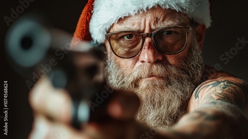 A determined man, depicted as Santa with glasses, holding a gun, conveys focus and resolve. The intense and close view creates a gripping atmosphere. photo